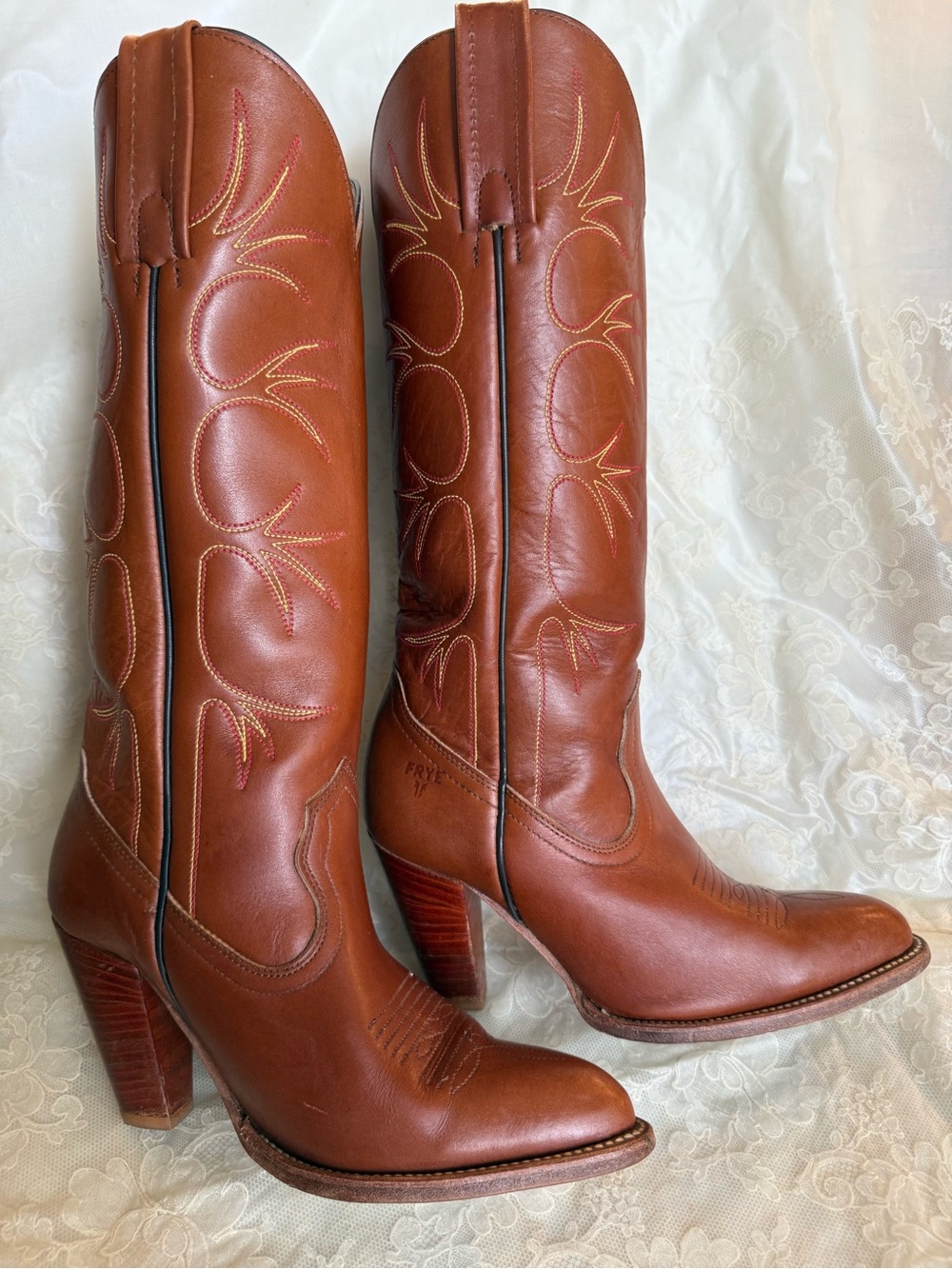 FRYE 7.5 Women's Western Cognac Leather Heeled Boots Vintage 1980s Made in USA